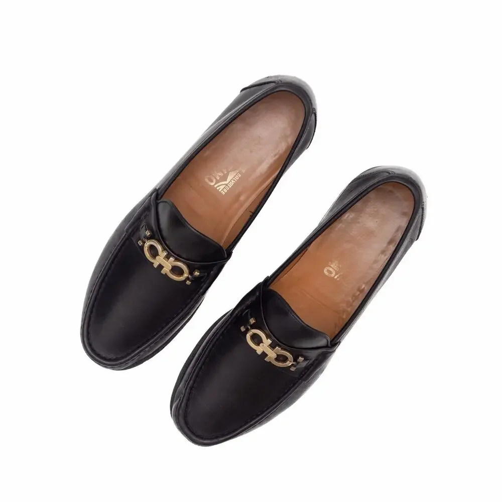 950$ SALVATORE FERRAGAMO Black Leather Gold Gancini Bit Loafers US 10.5 D